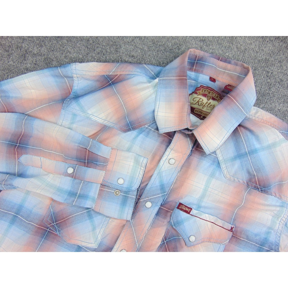 Rafter C Shirt Mens Large Western Blue Orange Plaid Pearl Snap Cowboy Rodeo Core